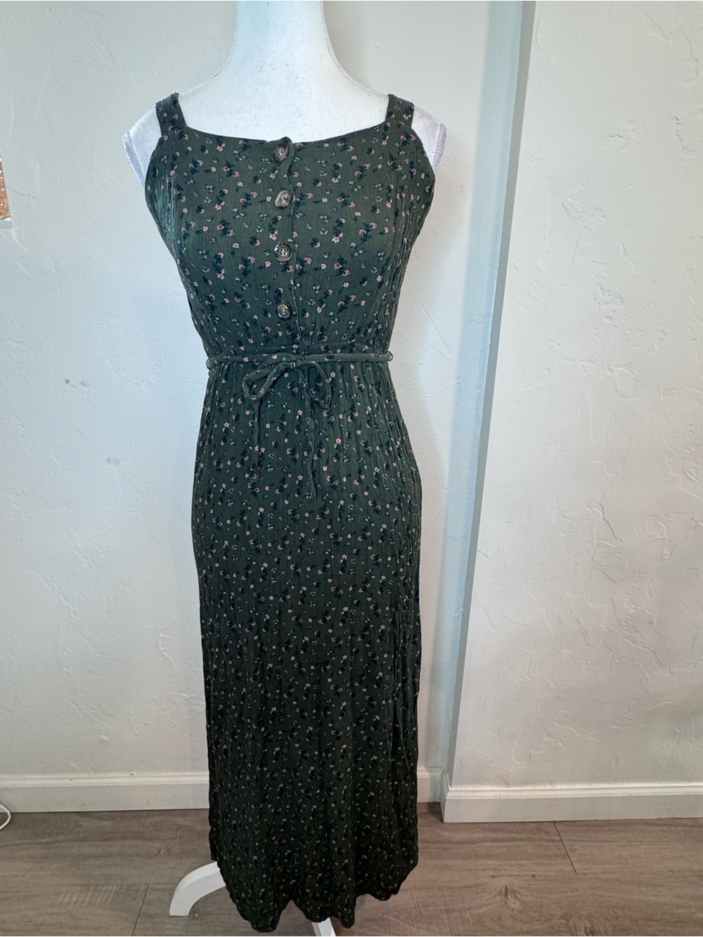 Pie In The Sky Olive Floral Maxi Dress Tie Waist Cottagecore Size Small